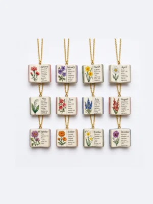 Birth Flower Necklace 12 Month Floral Book Pendant Gift